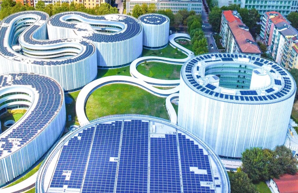 Modern building architectural featuring solar panels